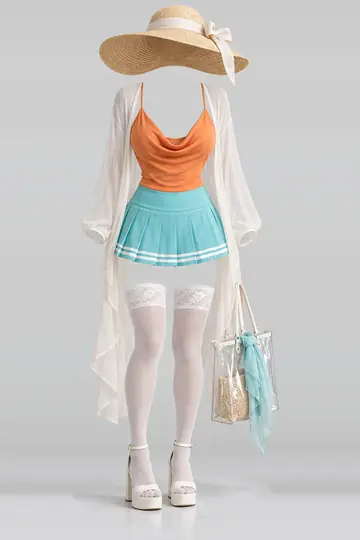 AI 生成服装参考图 SUM-0005:夏,橙、白、迷你、半身裙、开衫、蕾丝