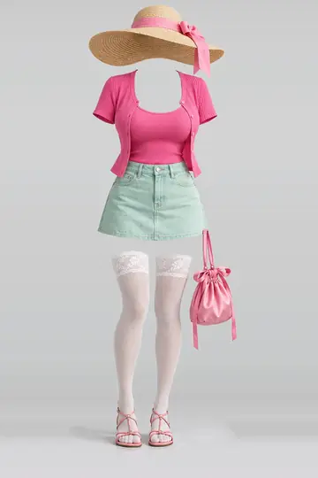 AI 生成服装参考图 SUM-0006:夏,粉、开衫、薄荷绿、牛仔布、迷你、半身裙