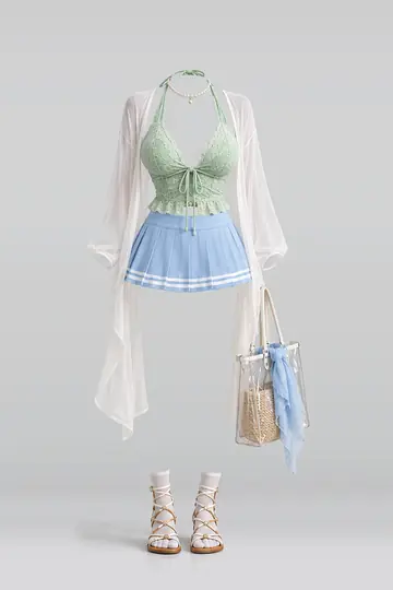 AI 生成服装参考图 SUM-0007:夏,薄荷绿、蕾丝、蓝、白、迷你、半身裙