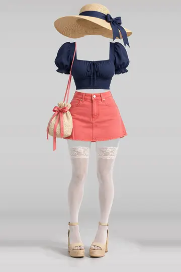 AI 生成服装参考图 SUM-0009:夏,藏青、牛仔布、迷你、半身裙、蕾丝、短袜