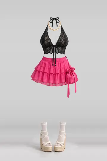 AI 生成服装参考图 SUM-0010：夏，黑、蕾丝、粉、迷你、半身裙、白