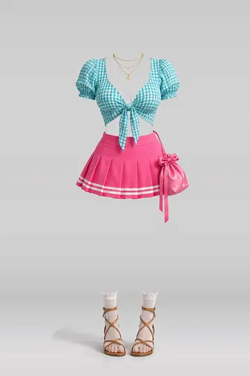 AI 生成服装参考图 SUM-0012：夏，粉、白、迷你、半身裙、短袜、凉鞋