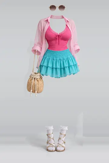 AI 生成服装参考图 SUM-0013:夏,粉、蕾丝、女式衬衫、迷你、半身裙、衬衫