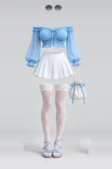 AI 生成服装参考图 SUM-0015:夏,蓝、女式衬衫、白、迷你、半身裙、蕾丝