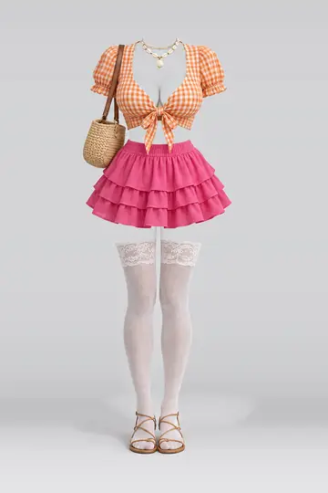 AI 生成服装参考图 SUM-0017:夏,橙、粉、迷你、半身裙、蕾丝、短袜