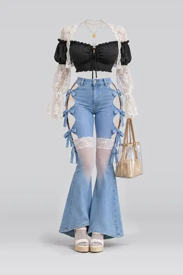 AI 生成服装参考图 SUM-0018:夏,黑、女式衬衫、蓝、缎带、牛仔布、长裤