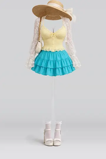 AI 生成服装参考图 SUM-0019:夏,黄、蕾丝、女式衬衫、迷你、半身裙、白
