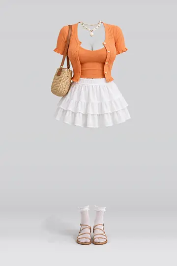 AI 生成服装参考图 SUM-0020:夏,橙、开衫、白、迷你、半身裙、短袜