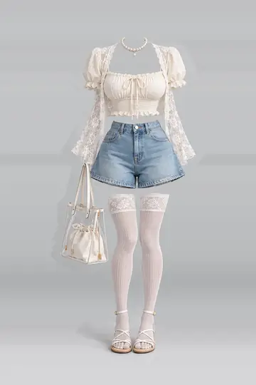 AI 生成服装参考图 SUM-0022：夏，奶油色、牛仔布、短裤、蕾丝、短袜、凉鞋