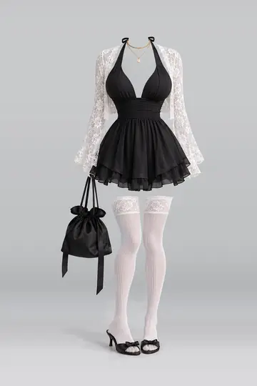AI 生成服装参考图 SUM-0023：夏，黑、迷你、连衣裙、蕾丝、短袜、凉鞋