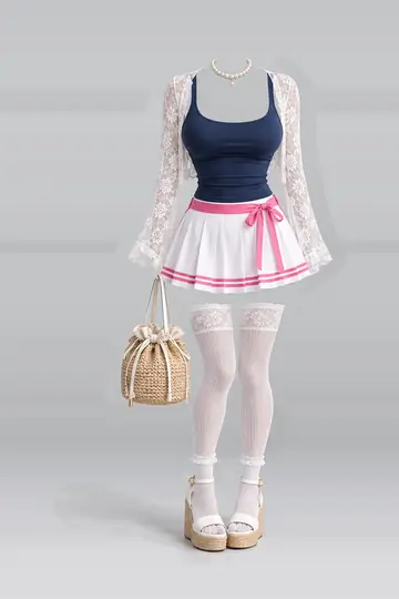 AI 生成服装参考图 SUM-0024:夏,藏青、粉、白、迷你、半身裙、蕾丝