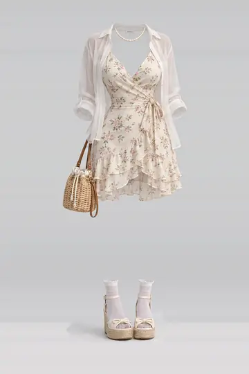 AI 生成服装参考图 SUM-0025：夏，奶油色、花卉、连衣裙、衬衫、白、短袜