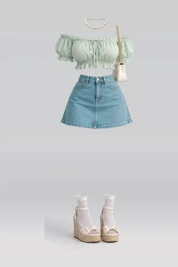 AI 生成服装参考图 SUM-0028:夏,薄荷绿、女式衬衫、牛仔布、迷你、半身裙、白