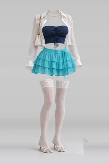 AI 生成服装参考图 SUM-0029:夏,藏青、迷你、半身裙、衬衫、蕾丝、短袜