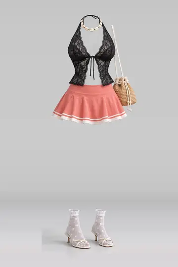 AI 生成服装参考图 SUM-0032：夏，黑、蕾丝、白、迷你、半身裙、短袜