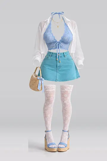 AI 生成服装参考图 SUM-0035：夏，蓝、蕾丝、牛仔布、迷你、半身裙、衬衫