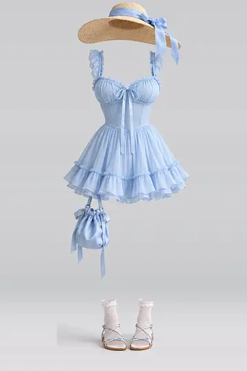 AI 生成服装参考图 SUM-0036:夏,蓝、缎带、荷叶边、百褶、连衣裙、白