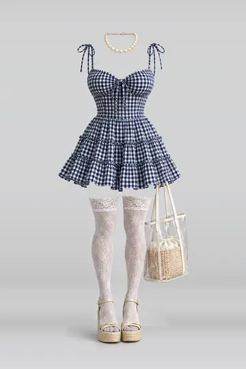 AI 生成服装参考图 SUM-0038:夏,藏青、连衣裙、蕾丝、短袜、凉鞋、托特包