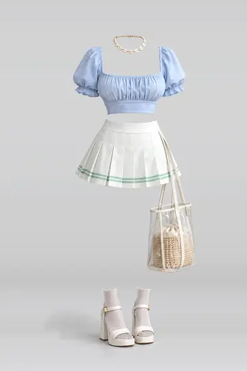 AI 生成服装参考图 SUM-0040:夏,蓝、薄荷绿、白、迷你、半身裙、短袜