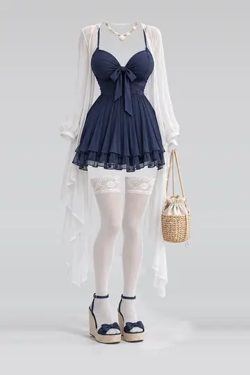 AI 生成服装参考图 SUM-0041:夏,藏青、缎带、荷叶边、百褶、连衣裙、开衫