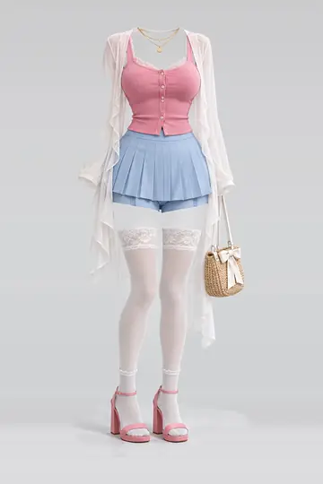 AI 生成服装参考图 SUM-0042：夏，粉、开衫、蓝、百褶、迷你、半身裙