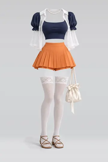 AI 生成服装参考图 SUM-0044:夏,藏青、橙、百褶、迷你、半身裙、短裤