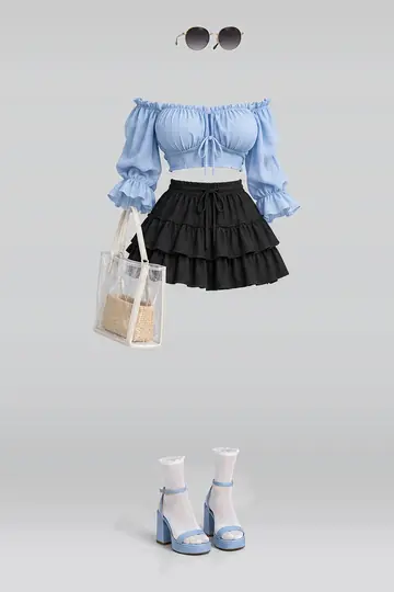 AI 生成服装参考图 SUM-0045:夏,蓝、女式衬衫、黑、迷你、半身裙、白