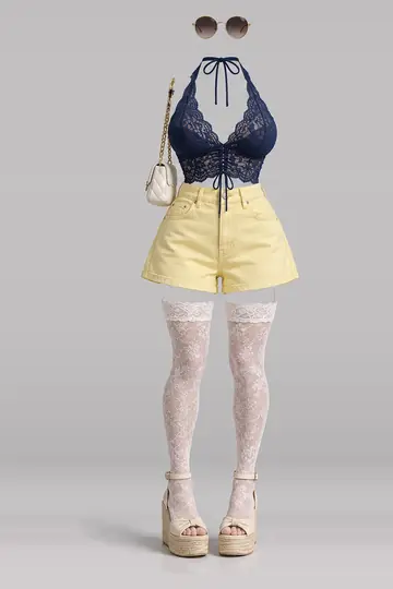 AI 生成服装参考图 SUM-0051:夏,藏青、蕾丝、黄、牛仔布、短裤、短袜