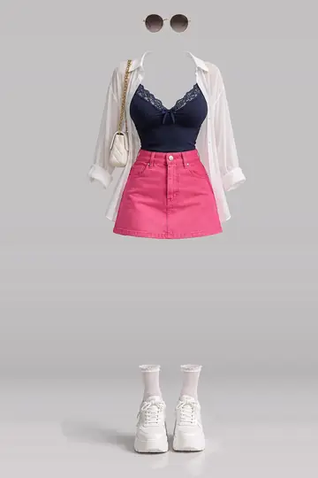 AI 生成服装参考图 SUM-0052:夏,藏青、蕾丝、女式衬衫、粉、牛仔布、迷你
