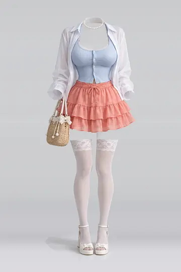 AI 生成服装参考图 SUM-0053：夏，蓝、开衫、迷你、半身裙、衬衫、蕾丝