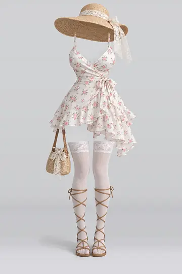 AI 生成服装参考图 SUM-0055:夏,白、花卉、连衣裙、蕾丝、短袜、凉鞋