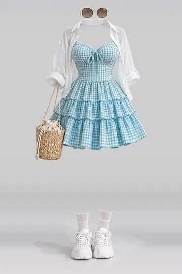 AI 生成服装参考图 SUM-0057：夏，连衣裙、衬衫、白、短袜、运动鞋、包