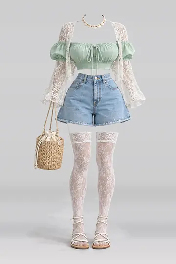 AI 生成服装参考图 SUM-0058:夏,薄荷绿、女式衬衫、牛仔布、短裤、蕾丝、短袜