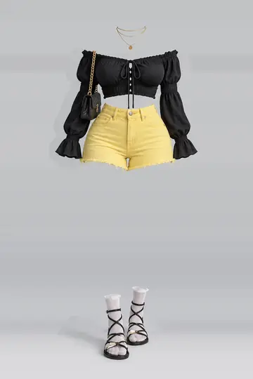 AI 生成服装参考图 SUM-0061:夏,黑、女式衬衫、黄、牛仔布、短裤、白