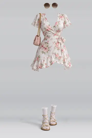 AI 生成服装参考图 SUM-0062:夏,白、花卉、连衣裙、短袜、凉鞋、迷你