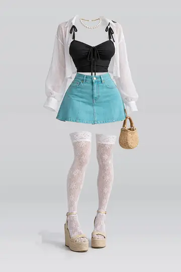 AI 生成服装参考图 SUM-0064：夏，黑、缎带、吊带衫、牛仔布、迷你、半身裙
