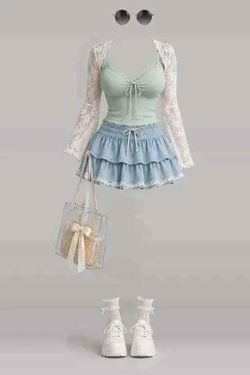 AI 生成服装参考图 SUM-0065:夏,薄荷绿、蕾丝、女式衬衫、蓝、迷你、半身裙