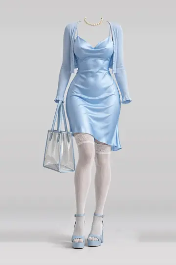AI 生成服装参考图 SUM-0069:夏,蓝、缎面、中长、连衣裙、开衫、蕾丝