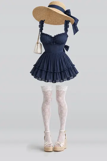 AI 生成服装参考图 SUM-0075:夏,藏青、缎带、荷叶边、百褶、连衣裙、蕾丝
