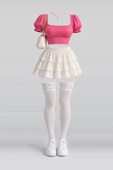 AI 生成服装参考图 SUM-0077:夏,粉、奶油色、迷你、半身裙、蕾丝、短袜
