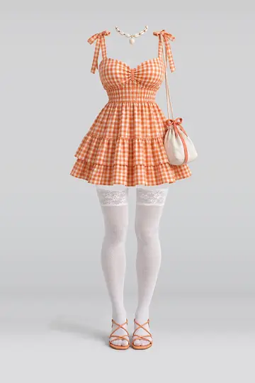 AI 生成服装参考图 SUM-0079:夏,橙、连衣裙、蕾丝、短袜、凉鞋、缎带