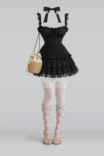 AI 生成服装参考图 SUM-0083:夏,黑、缎带、荷叶边、百褶、连衣裙、蕾丝