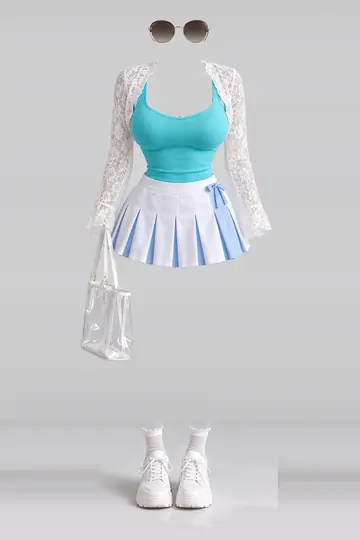 AI 生成服装参考图 SUM-0085:夏,蓝、白、迷你、半身裙、蕾丝、短袜