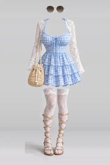 AI 生成服装参考图 SUM-0086:夏,蓝、连衣裙、蕾丝、短袜、凉鞋、包
