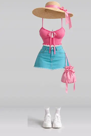 AI 生成服装参考图 SUM-0087:夏,粉、缎带、吊带衫、牛仔布、迷你、半身裙