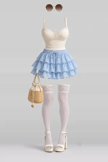 AI 生成服装参考图 SUM-0090:夏,奶油色、蓝、迷你、半身裙、蕾丝、短袜