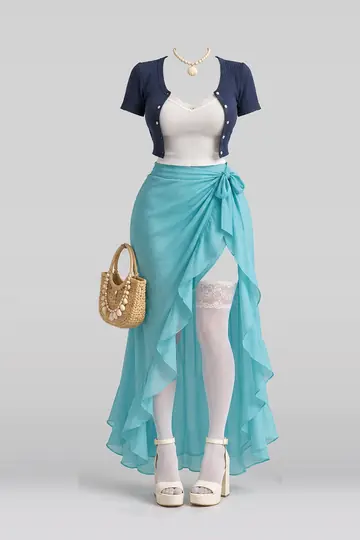 AI 生成服装参考图 SUM-0091:夏,藏青、开衫、半身裙、蕾丝、短袜、凉鞋