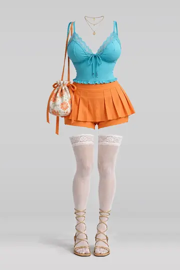 AI 生成服装参考图 SUM-0093:夏,蕾丝、女式衬衫、橙、百褶、迷你、半身裙