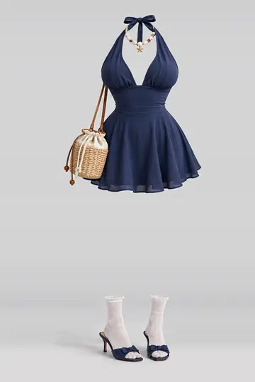 AI 生成服装参考图 SUM-0094:夏,藏青、迷你、连衣裙、白、短袜、凉鞋