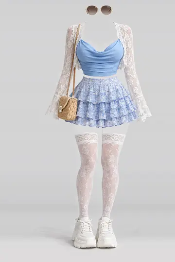 AI 生成服装参考图 SUM-0095:夏,蓝、迷你、半身裙、蕾丝、短袜、白